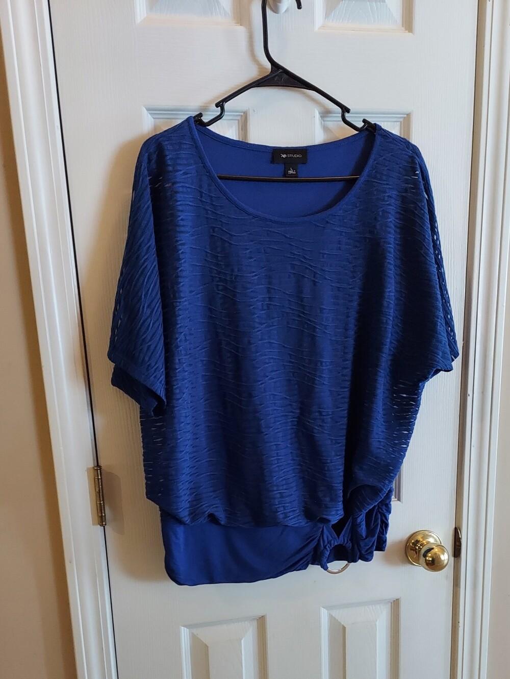 AB STUDIO Cobalt Blue Textured Short Sleeve Knot-Hem Ring Bottom Band Blouse LG